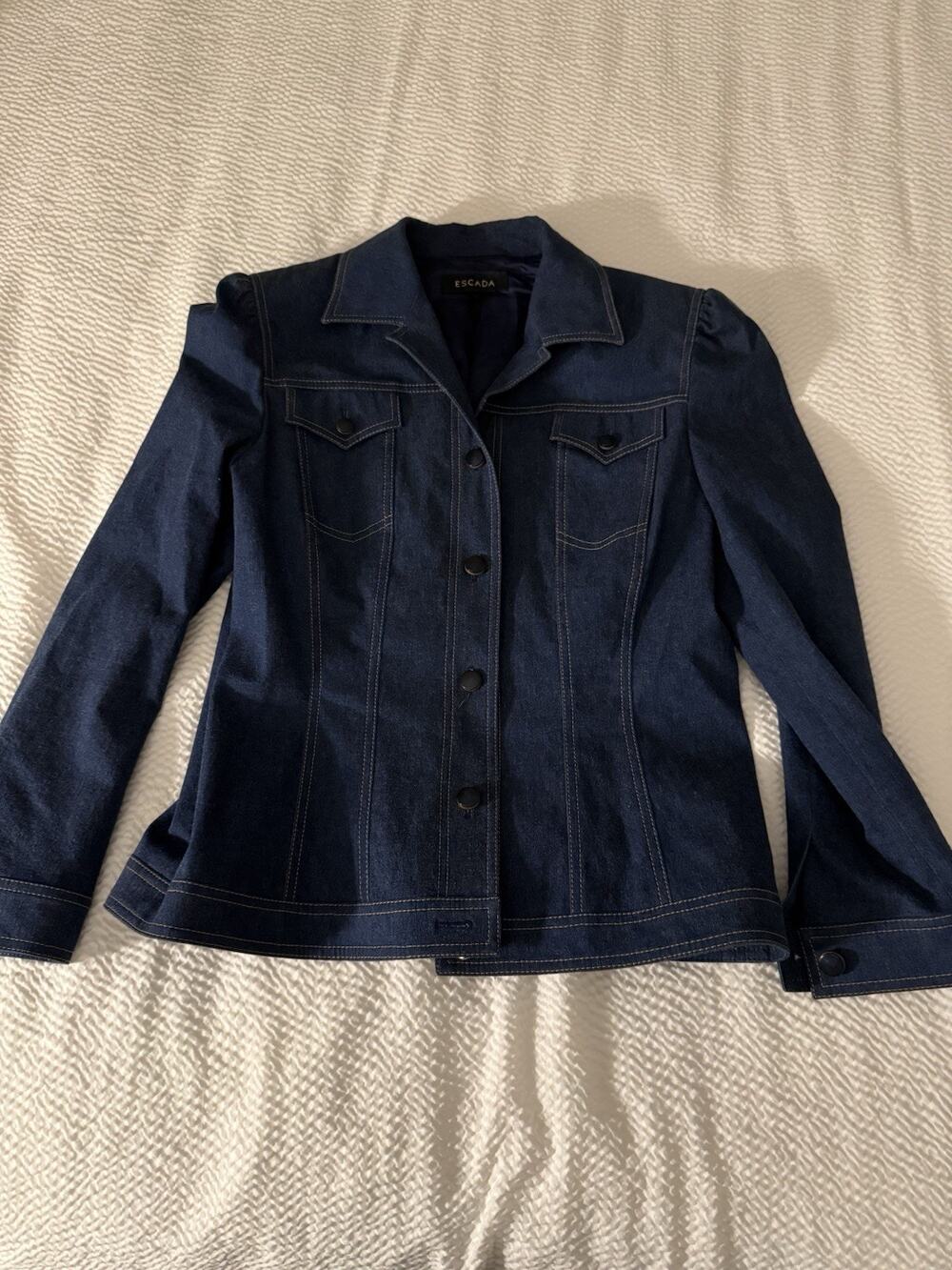 Escada Denim Jacket Button Western Stitch Blue Slight Puff Sleeve Lined 44 US 14